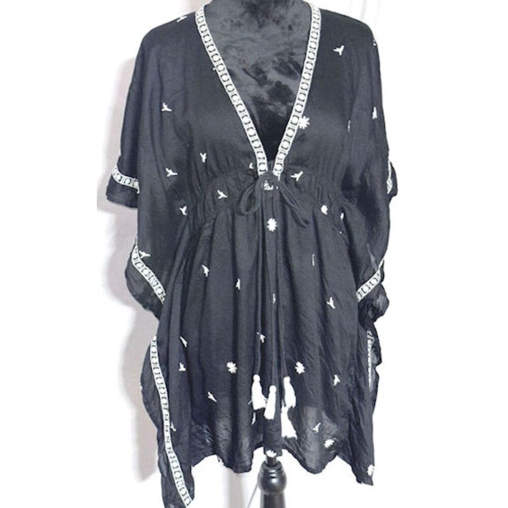 Aviya Batwing Black Top with Tassled Waist, Deep V-neck, Medium